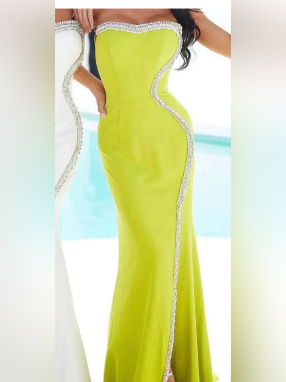 Lime Green Embellished Curve-Trim Mermaid Dress